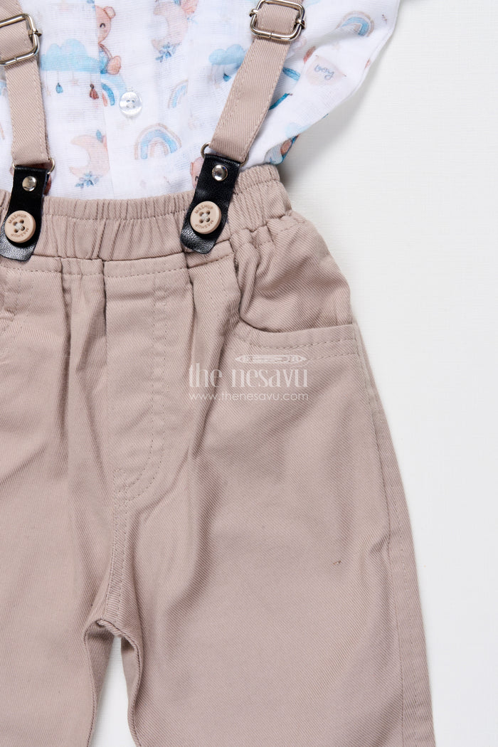 The Nesavu Boys Casual Set Baby Boy Muslin Cotton Suspender Set for Birthday and Outings Nesavu Nesavu baby boy suspender outfit muslin cotton digital print ideal birthdays casual events