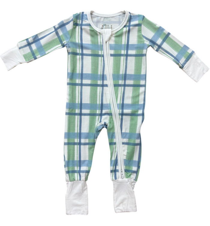 Blue and Green Check Double Zipper Romper- HAMNER HILL