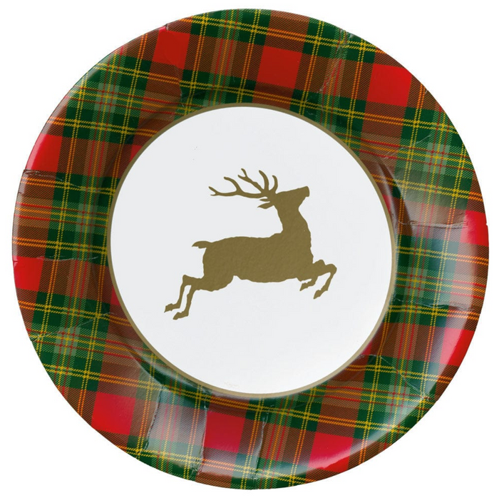 Caspari-Reindeer Tartan Red Paper Dinner Plates - includes 8 Paper Dinner Plates