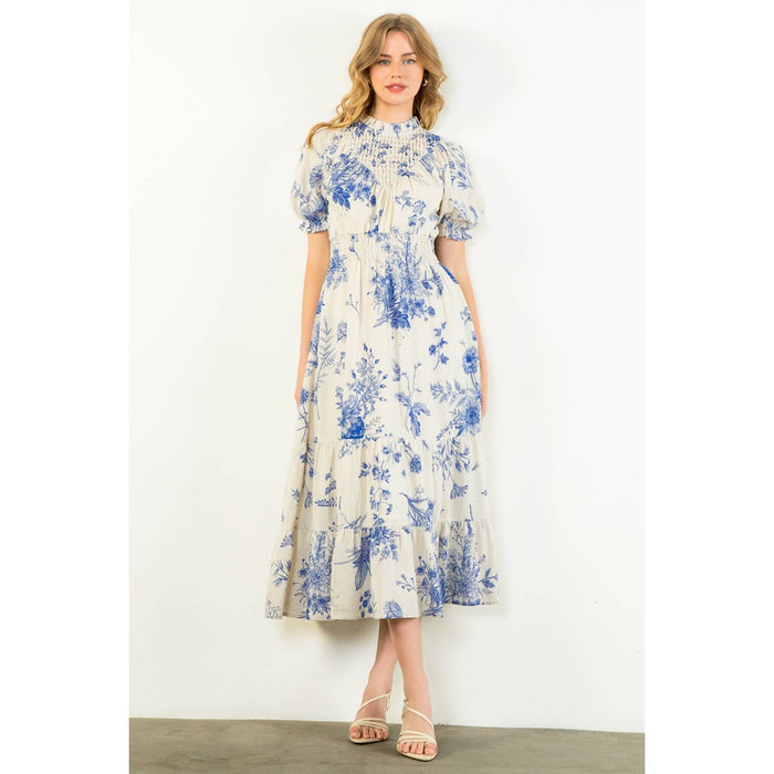 Floral BLUE Print Short Sleeve Maxi Dress-THML