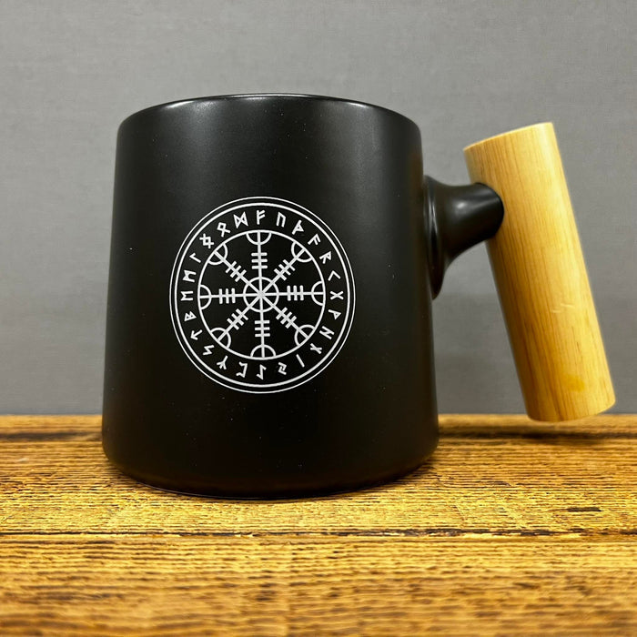 Helm of Awe Mug with Wooden Handle - Ceramic Mug - Black