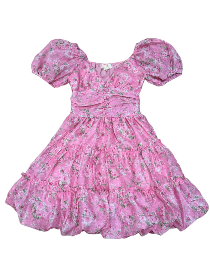 Peach Love- Floral Printed Front Button Detail Bubble Hem Mini Dress