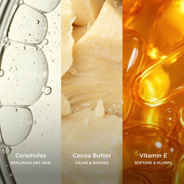 Three-panel ingredient graphic showing Ceramides, Cocoa Butter, and Vitamin E with macro visuals.