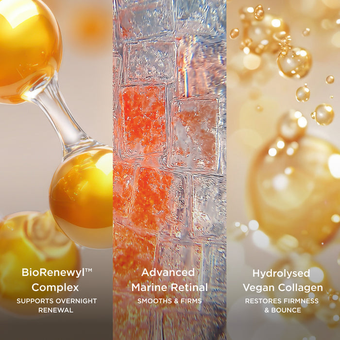 Three-panel ingredient graphic showing BioRenewyl Complex, Advanced Marine Retinal, and Hydrolysed Vegan Collagen with macro visuals.