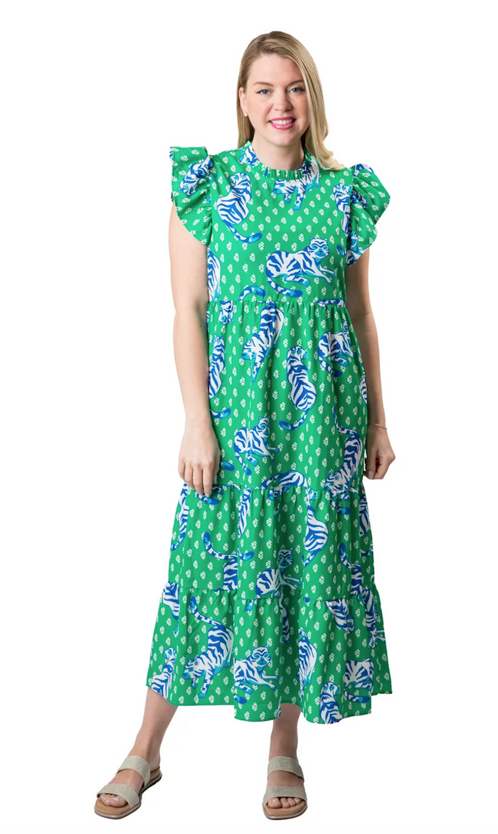 Top It Off-Laura Dress Blue and Green Tiger