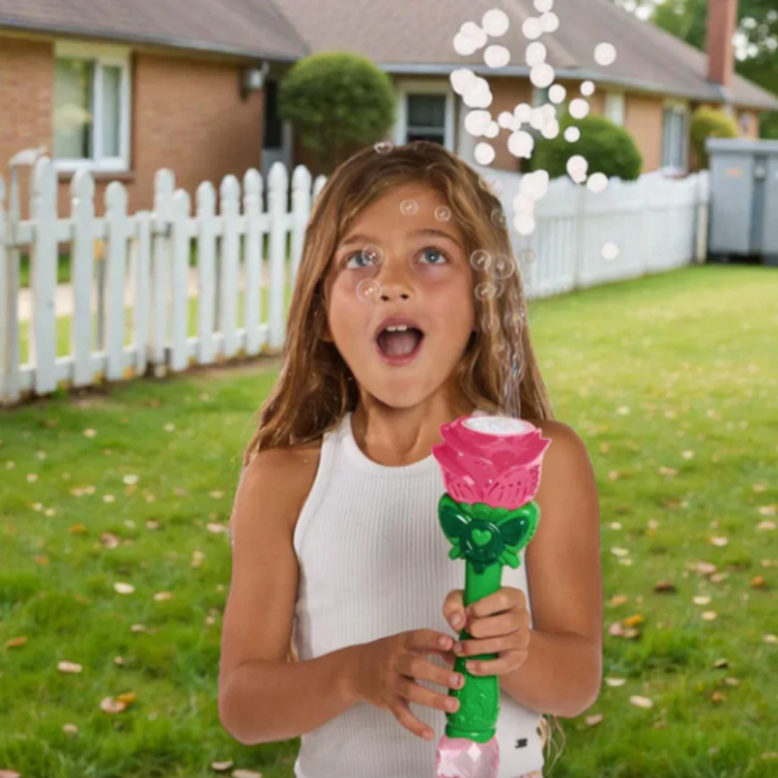 Two's Company- Pink Rose LED Illuminating Bubble Wand Blower with Refillable Bottle and Solution