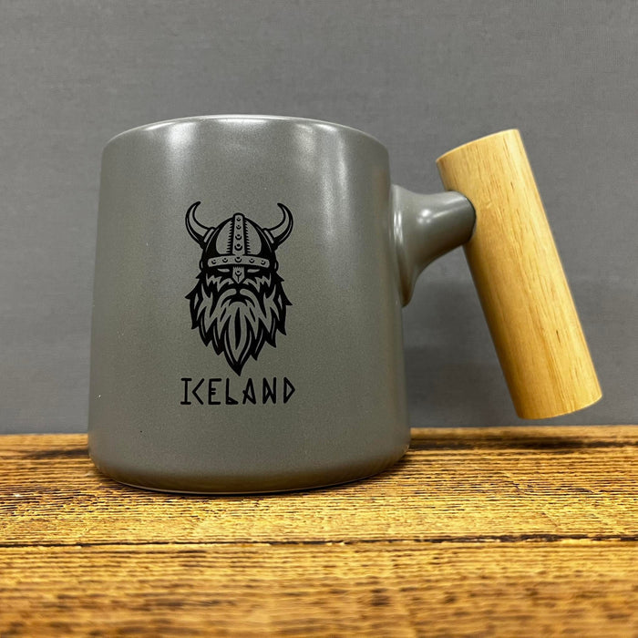 Viking Mug with Wooden Handle - Ceramic Mug - Grey