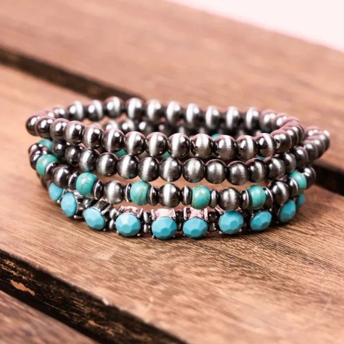 Western Bolton Bay Silver Tone Layered Stretch Bracelet Set (Multiple Colors Available)