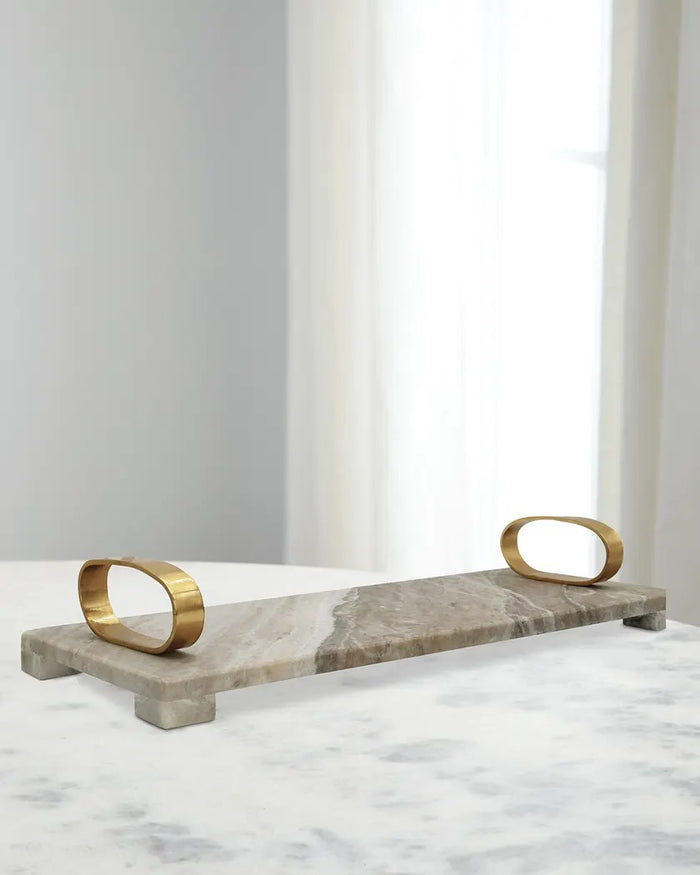 Worlds Way-Beige Marble Tray with Brass Oval Shaped Handle