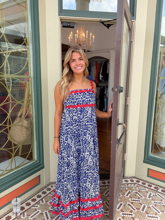 Top it Off-Dorothy Dress Blue & White Patterened w/red