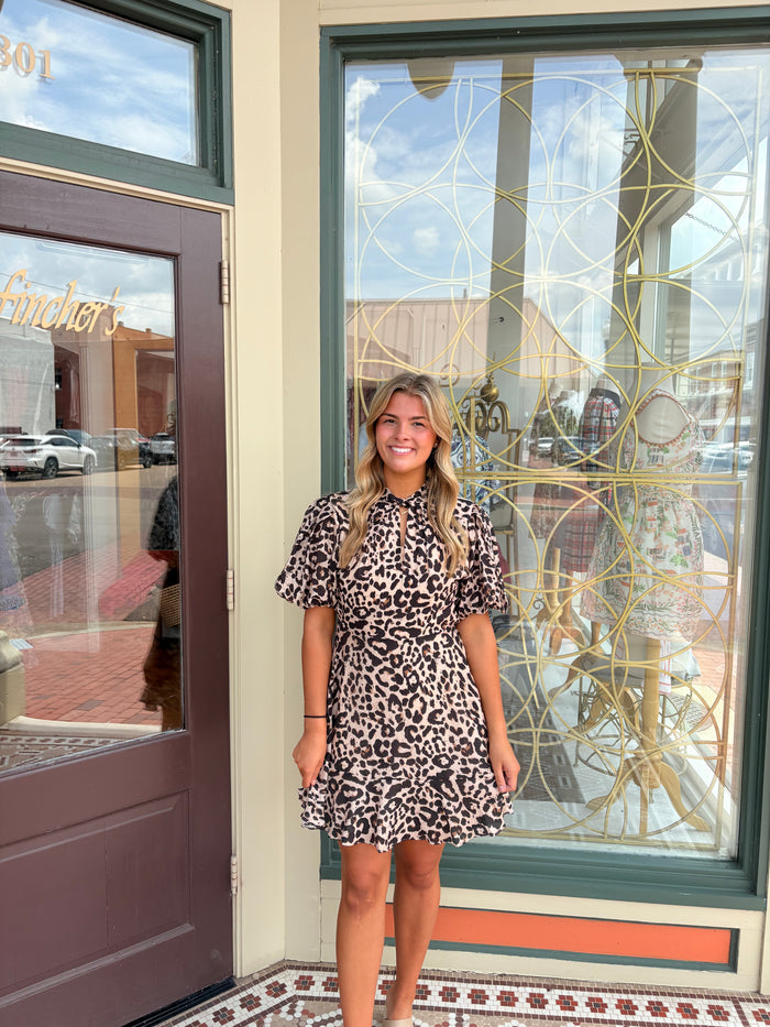 THML-Puff Sleeve Cheetah Print Dress