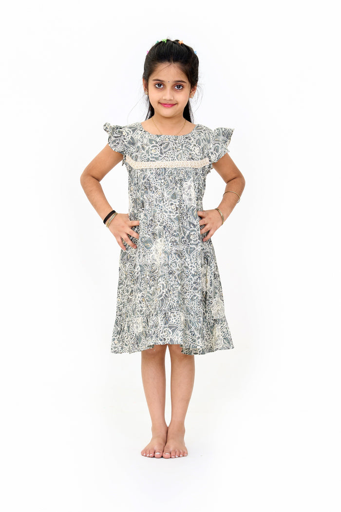 The Nesavu Girls Cotton Frock Adorable Girls Cotton Frill Frock with Lace Yoke and Botanical Floral Print Nesavu 16 (1Y) / Green GFC1548C-16 Nesavu Girls Cotton Frill Frock Lace Yoke Botanical Floral Print Ruffle Details Special Occasions