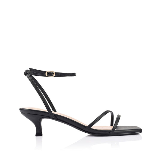 Black square toe sandal with a kitten heel and an adjustable strap