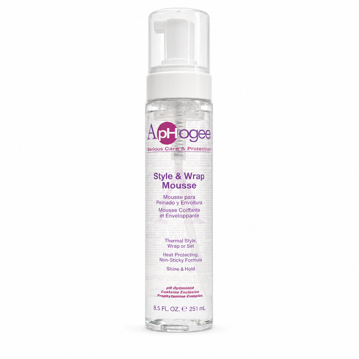 ApHogee Style & Wrap Mousse 8.5oz / 251ml in a clear pump bottle with a white foaming dispenser, displayed on a clean white background. Lightweight styling mousse for wrap sets, thermal styling and wet sets that provides heat protection, non-sticky hold and enhanced shine.
