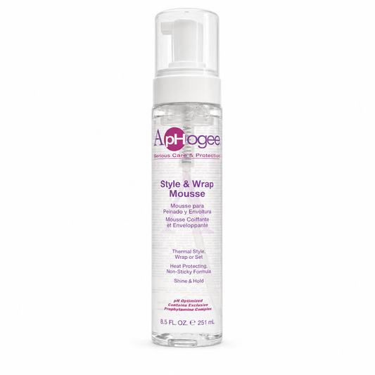 ApHogee Style & Wrap Mousse 8.5oz / 251ml in a clear pump bottle with a white foaming dispenser, displayed on a clean white background. Lightweight styling mousse for wrap sets, thermal styling and wet sets that provides heat protection, non-sticky hold and enhanced shine.