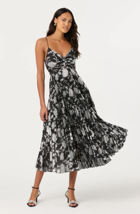 Astr-Saoirse Metallic Pleated Midi Dress