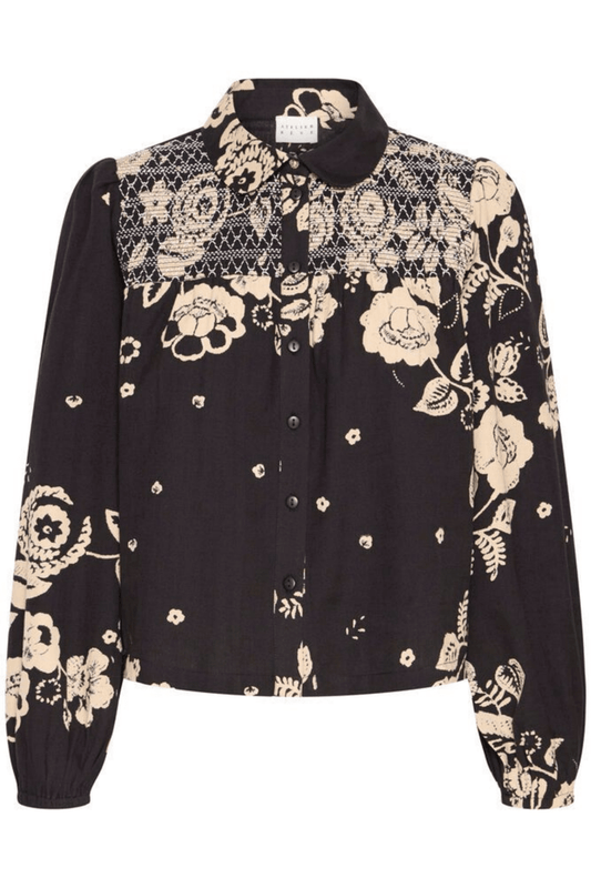 Atelier Rêve IRTULLA black cotton blouse with pink floral design at Dotique