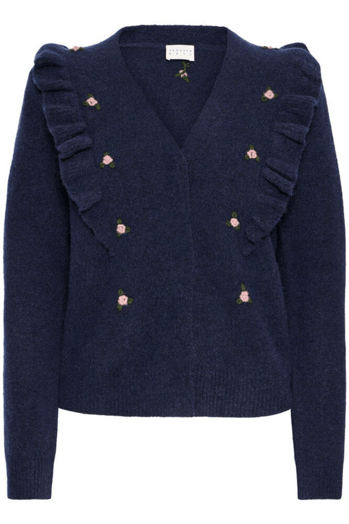 Atelier Rêve IRMORRIS maritime blue cardigan with floral embroidery at Dotique