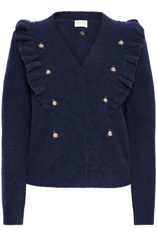 Atelier Rêve IRMORRIS maritime blue cardigan with floral embroidery at Dotique