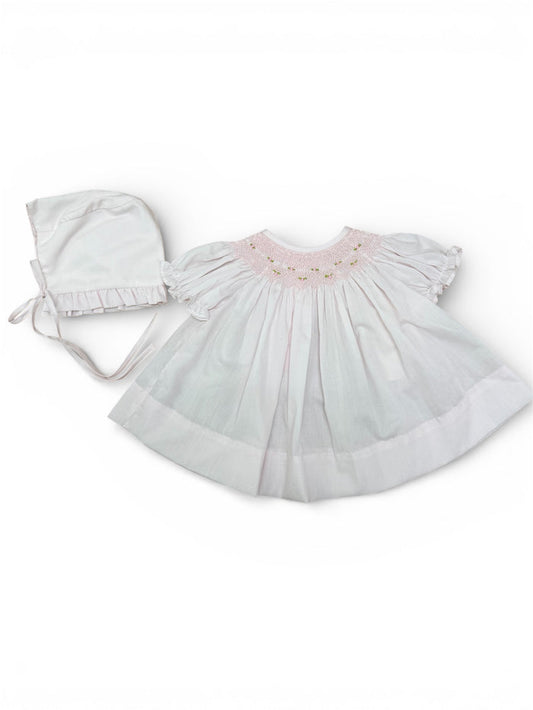 Baby Blessings- Light Pink Geometric Iris Dress, Bonnet