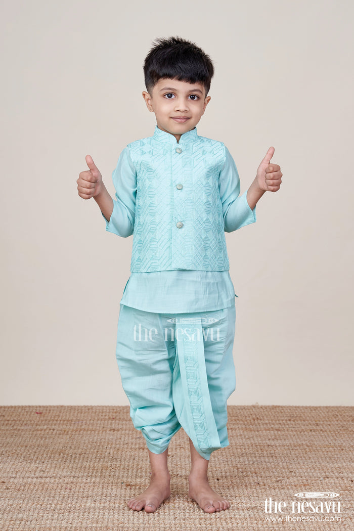 The Nesavu Boys Dothi Set Baby Boy Blue Dhoti Set with Embroidered Jacket for Festive and Naming Day Nesavu Nesavu baby boy blue silk cotton dhoti set embroidered jacket  perfect naming day festive wear