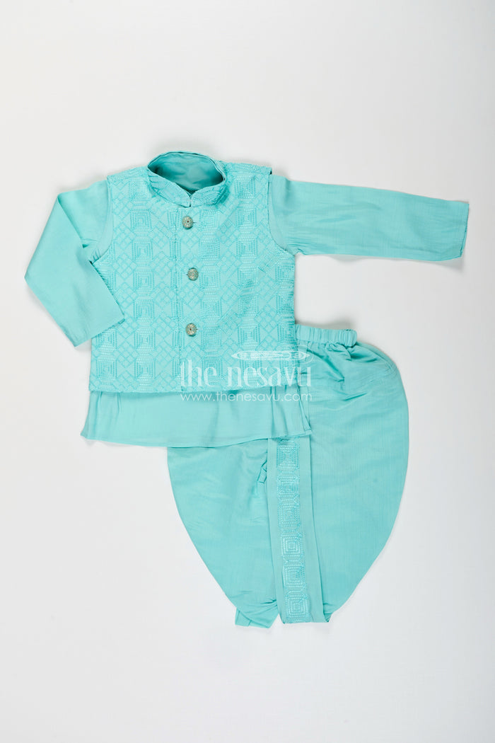 The Nesavu Boys Dothi Set Baby boy blue dhoti set with embroidered jacket for festive and naming day Nesavu 12 (3M) / Blue BES719B-12 Nesavu baby boy blue silk cotton dhoti set embroidered jacket  perfect naming day festive wear