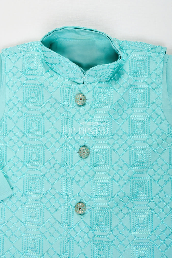 The Nesavu Boys Dothi Set Baby boy blue dhoti set with embroidered jacket for festive and naming day Nesavu Nesavu baby boy blue silk cotton dhoti set embroidered jacket  perfect naming day festive wear