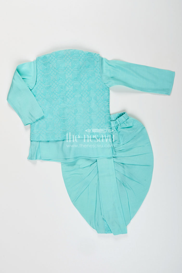 The Nesavu Boys Dothi Set Baby boy blue dhoti set with embroidered jacket for festive and naming day Nesavu Nesavu baby boy blue silk cotton dhoti set embroidered jacket  perfect naming day festive wear