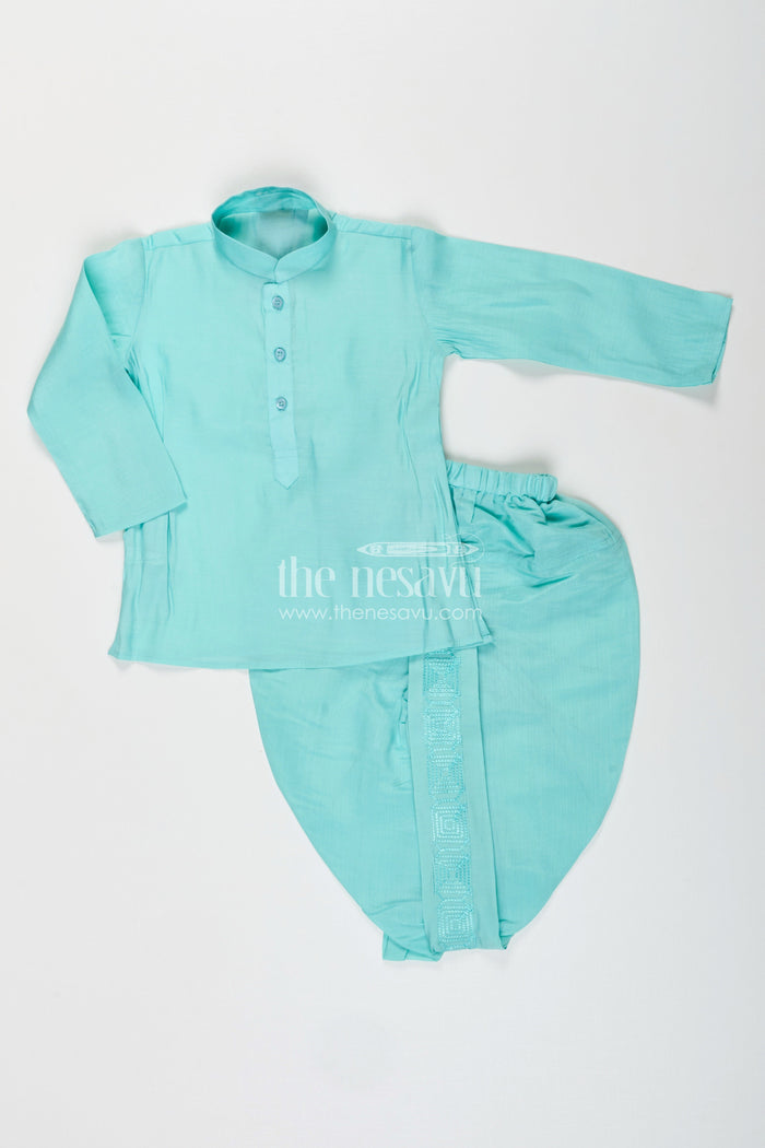 The Nesavu Boys Dothi Set Baby boy blue dhoti set with embroidered jacket for festive and naming day Nesavu Nesavu baby boy blue silk cotton dhoti set embroidered jacket  perfect naming day festive wear