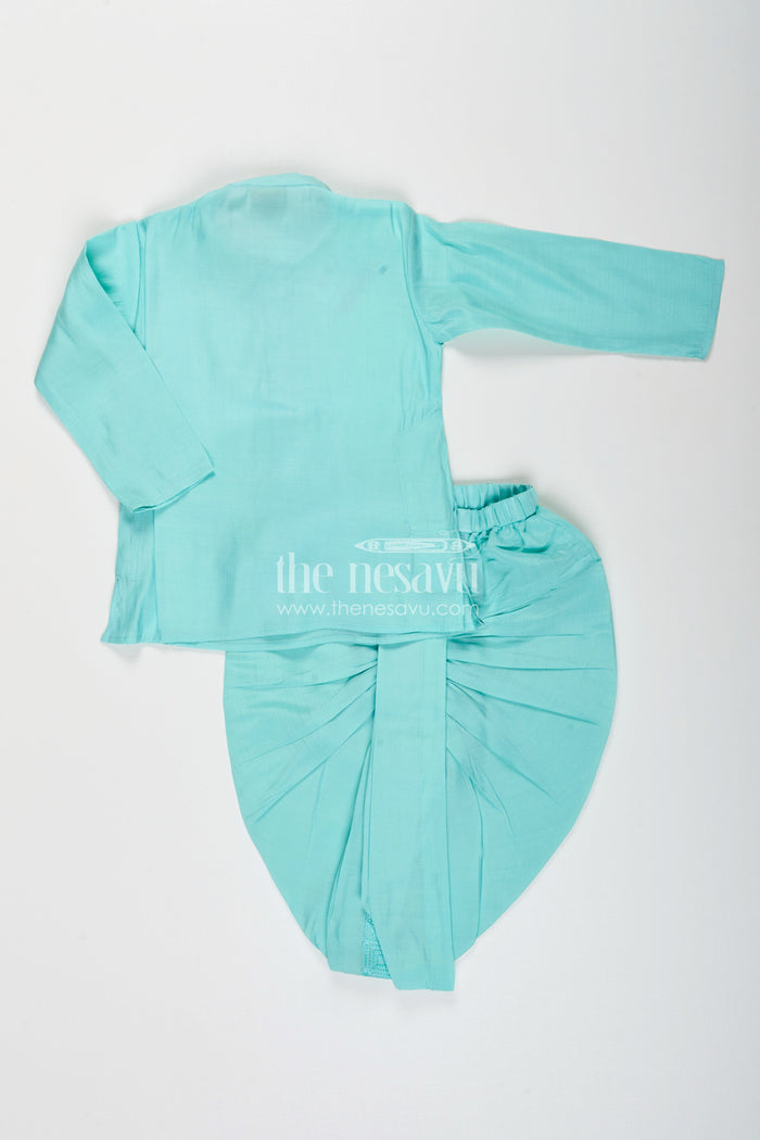 The Nesavu Boys Dothi Set Baby boy blue dhoti set with embroidered jacket for festive and naming day Nesavu Nesavu baby boy blue silk cotton dhoti set embroidered jacket  perfect naming day festive wear