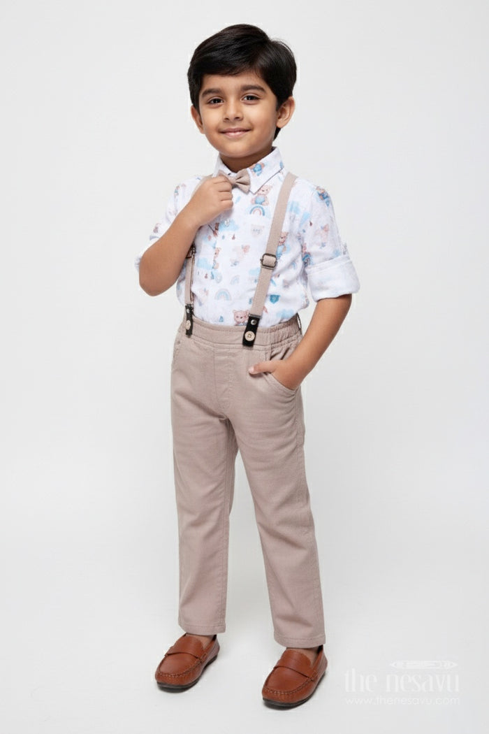 The Nesavu Boys Casual Set Baby Boy Muslin Cotton Suspender Set for Birthday and Outings Nesavu 12 (3M) / Brown BCS475A-12 Nesavu baby boy suspender outfit muslin cotton digital print  ideal birthdays casual events