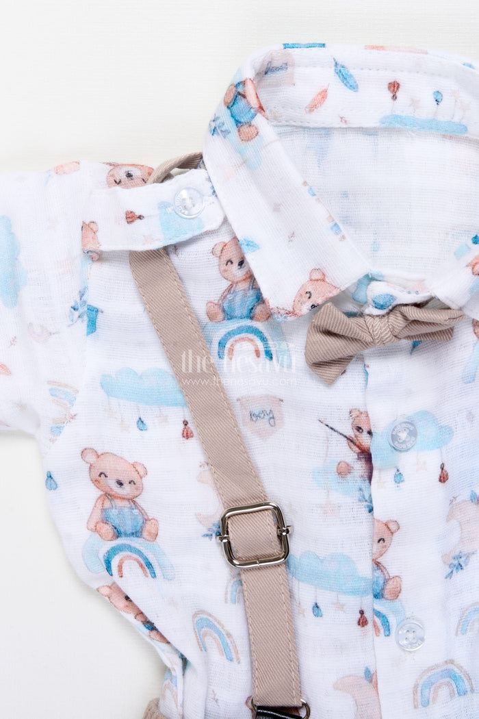 The Nesavu Boys Casual Set Baby Boy Muslin Cotton Suspender Set for Birthday and Outings Nesavu Nesavu baby boy suspender outfit muslin cotton digital print  ideal birthdays casual events