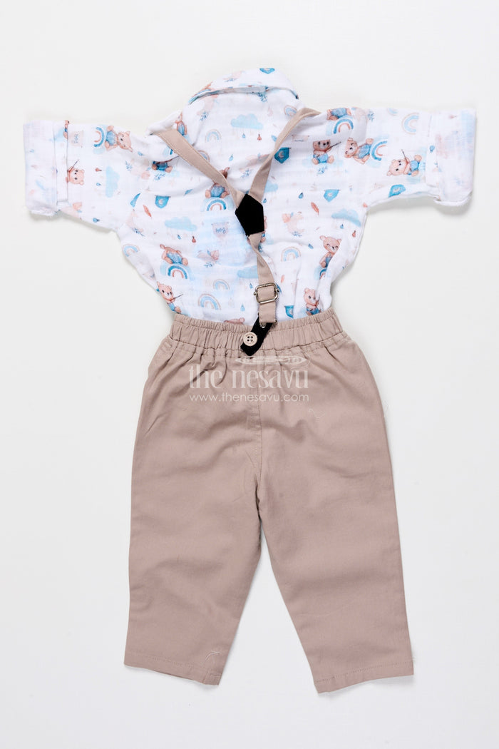 The Nesavu Boys Casual Set Baby Boy Muslin Cotton Suspender Set for Birthday and Outings Nesavu Nesavu baby boy suspender outfit muslin cotton digital print  ideal birthdays casual events