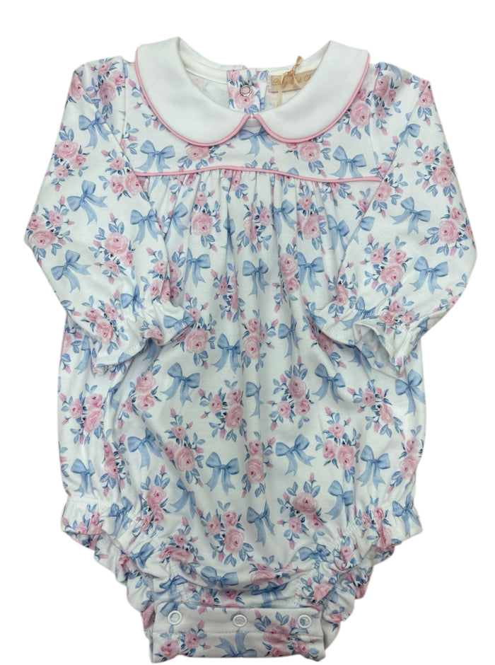 Baby Club Chic-blue floral bows printed bubble w/white round collar