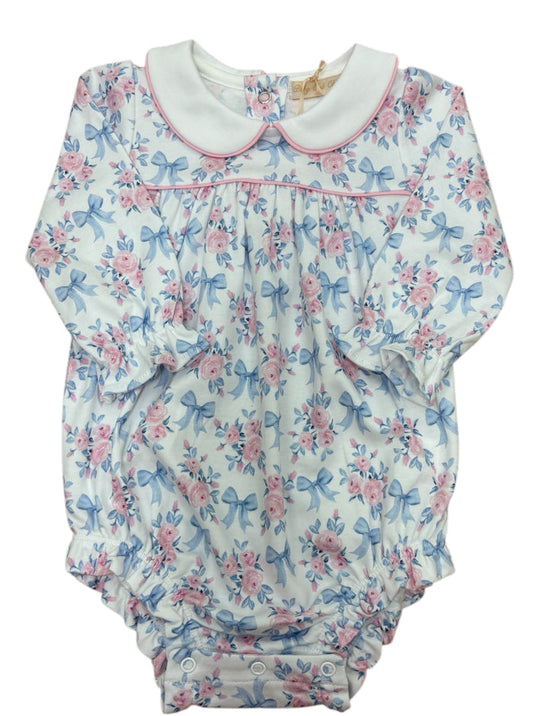 Baby Club Chic-blue floral bows printed bubble w/white round collar