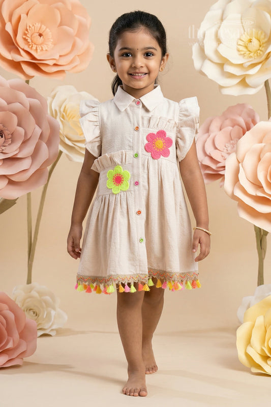 The Nesavu Girls Cotton Frock Baby Girl Cotton Frock for Casual Wear and Playtime Outings Nesavu 18 (2Y) / Cream / Rayon GFC2173A-18 Nesavu baby girl cotton frock for casual wear with rayon cotton fabric and thread embroidery lightweight comfort fit
