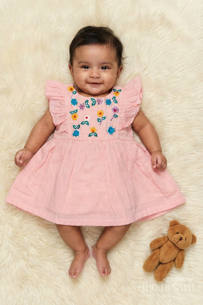 The Nesavu Baby Cotton Frocks Baby Girl Cotton Frock with Floral Embroidery and Flutter Sleeves Nesavu 14 (6M) / Blue BFJ890C-14 Nesavu baby girl cotton frock with floral embroidery and flutter sleeves for outings and festive wear