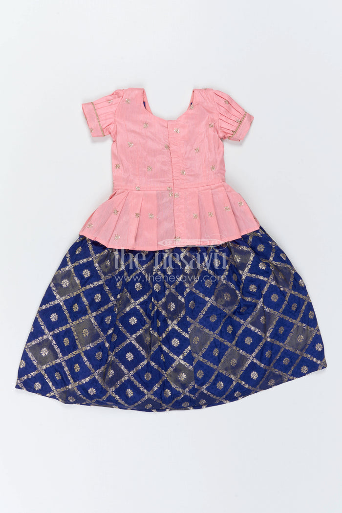 The Nesavu Pattu Pavadai Baby Girl Ethnic Pavadai Set for Festive Photo Moments Nesavu 18 (2Y) / Peach / Semi Banarasi GPP392B-18 Nesavu Baby Girl Ethnic Pavadai Set With Woven Banaras Skirt For Festive Occasions