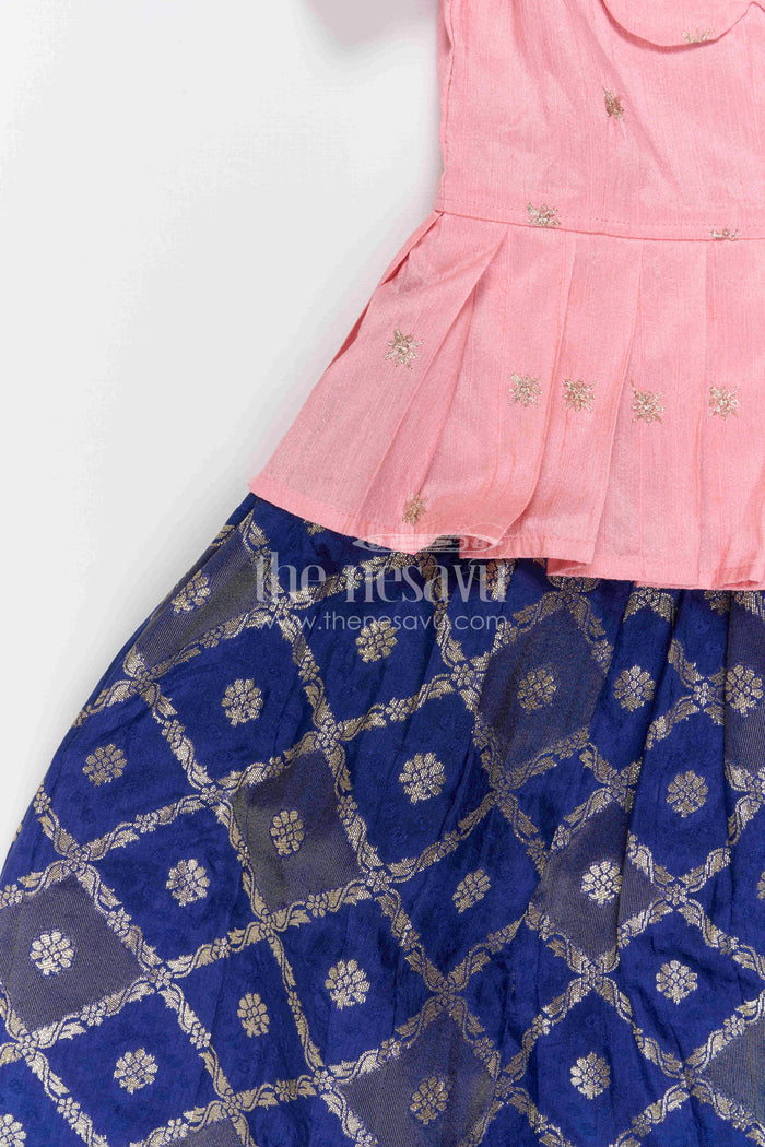 The Nesavu Pattu Pavadai Baby Girl Ethnic Pavadai Set for Festive Photo Moments Nesavu 18 (2Y) / Peach / Semi Banarasi GPP392B-18 Nesavu Baby Girl Ethnic Pavadai Set With Woven Banaras Skirt For Festive Occasions