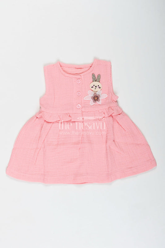 The Nesavu Baby Cotton Frocks Baby Girl Everyday Dress with Bunny Embroidery Nesavu 10 (NB) / Pink BFJ834B-10 Nesavu Baby Girl Everyday Cotton Frock Bunny Embroidery Ruffled Sleeveless Design