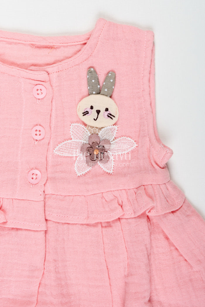 The Nesavu Baby Cotton Frocks Baby Girl Everyday Dress with Bunny Embroidery Nesavu Nesavu Baby Girl Everyday Cotton Frock Bunny Embroidery Ruffled Sleeveless Design