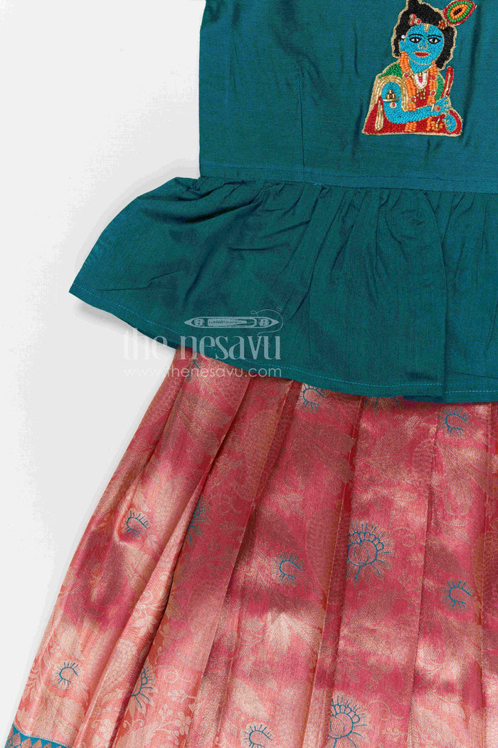 The Nesavu Pattu Pavadai Baby Girl Pattu Pavadai for Festivals and Family Celebrations Nesavu Nesavu baby girl pattu pavadai for festivals and family celebrations with semi banaras silk flared traditional design