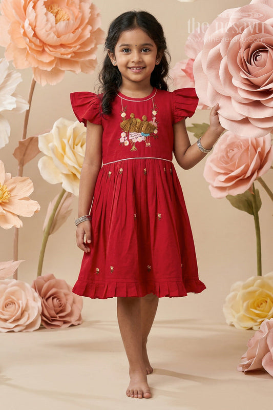 Baby Girl Red Chanderi Frock with Embroidery for Birthdays and Festive Occasions