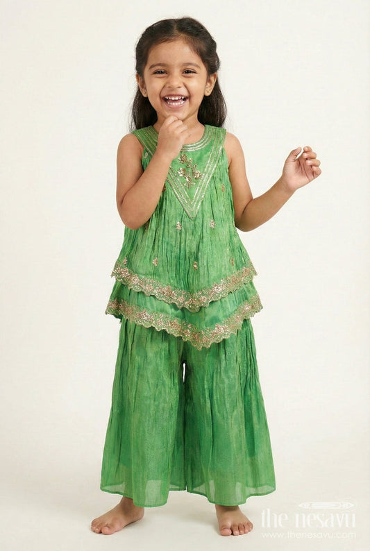 The Nesavu Girls Sharara / Plazo Set Baby Girl Sharara Dress for Festive Celebrations and Ethnic Days Nesavu 16 (1Y) / Green GPS808A-16 Nesavu baby girl sharara dress green viscose silk Diwali ethnic wear days