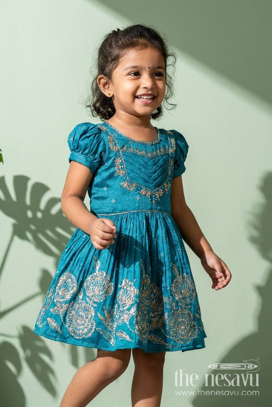 The Nesavu Silk Frock Baby Girl Silk Frock In Blue with Designer Yoke for Festive Functions Nesavu 18 (2Y) / Blue SF1035A-18 Nesavu baby girl silk frock blue chinnon designer yoke  perfect weddings special occasions