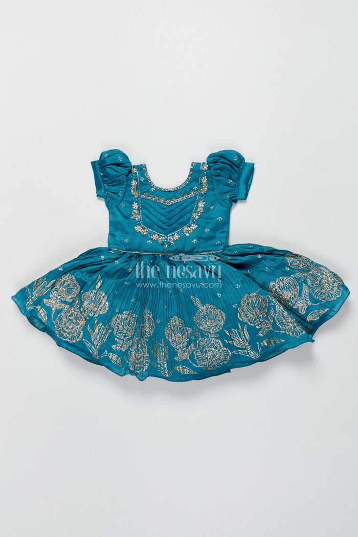 The Nesavu Silk Frock Baby Girl Silk Frock In Blue with Designer Yoke for Festive Functions Nesavu 18 (2Y) / Blue SF1035A-18 Nesavu baby girl silk frock blue chinnon designer yoke  perfect weddings special occasions