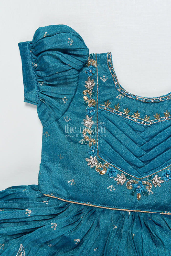 The Nesavu Silk Frock Baby Girl Silk Frock In Blue with Designer Yoke for Festive Functions Nesavu Nesavu baby girl silk frock blue chinnon designer yoke  perfect weddings special occasions
