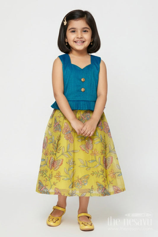 The Nesavu Silk Frock Baby Girl Sleeveless Silk Frock for Festive Occasions and Birthday Events Nesavu 20 (3Y) / Blue SF1099A-20 Nesavu baby girl silk frock with butterfly embroidery and raw silk yoke for birthdays and festive events