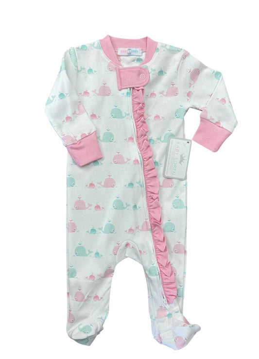 Baby Loren- Whales Aqua and Pink Zipper Footie