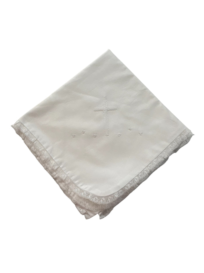 Baby Sen-White Baby Blanket -  White Cross - Lace Trimming